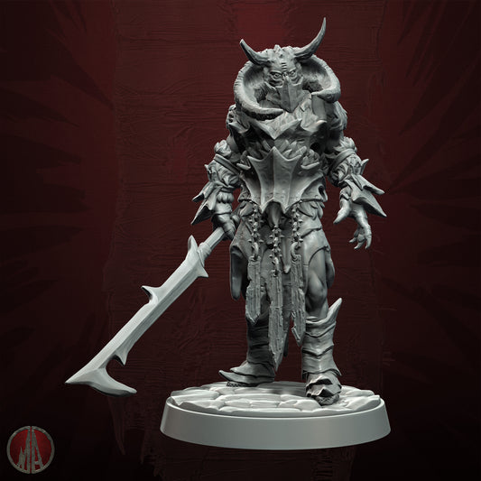 Fantasy figurine with armor and weapon on a dark background