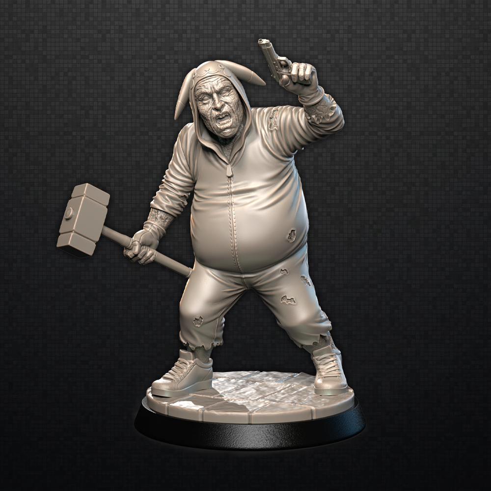 Gray miniature figure of a character holding an axe on a dark background